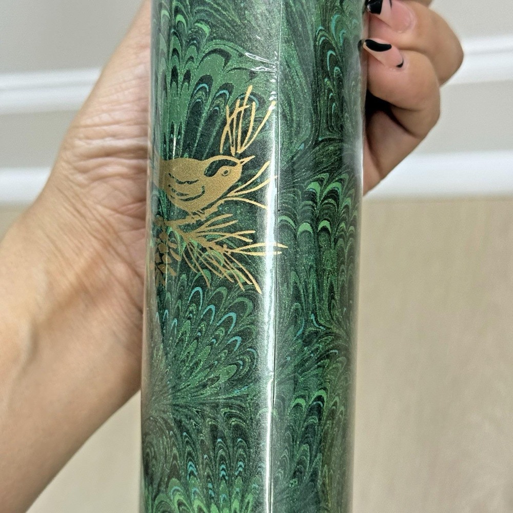 VTG Hallmark Premium Christmas Gift Wrap Roll Metallic Green Gold‎ Bird Pinecone